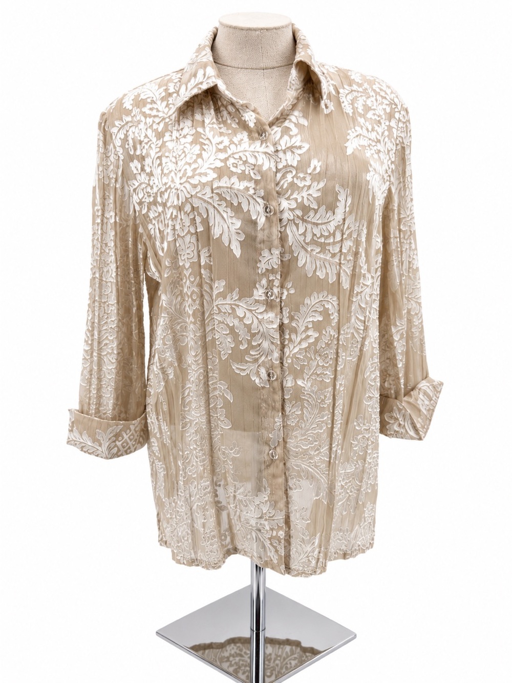 Graff by Um Company Beige White Sheer Button Blouse Petite Small